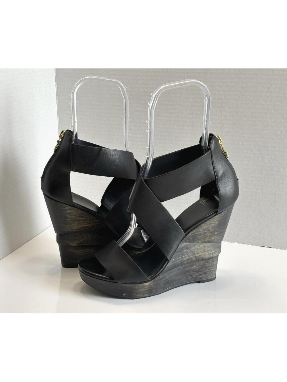 Diane Von Furstenberg Opal Women's 9M Black Leather Zip Up Wooden Wedge Sandals